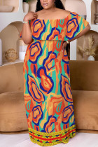 Yellow Casual Print Patchwork Off Shoulder Long Plus Size Dresses