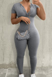 Grey Casual Solid Color Patchwork Zipper Zipper Collar Skinny Jumpsuits