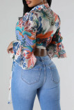 Colour Street Print Pocket Patchwork Strap Design Turndown Collar Tops