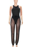 Black Sexy Solid Color Draw String Patchwork See-Through O Neck Sleeveless Two Pieces