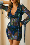 Blue Sexy Print Patchwork See-Through Strap Design V Neck Wrapped Skirt Dresses