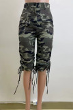 Camouflage Casual Camouflage Print Draw String Buttons Patchwork Zipper Mid Waist Straight Full Print Bottoms
