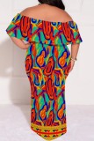 Rose Red Casual Print Patchwork Off Shoulder Long Plus Size Dresses