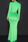 Blue Elegant Solid Color Patchwork Ruched Deep V Neck Long Dresses