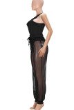 Black Sexy Solid Color Draw String Patchwork See-Through O Neck Sleeveless Two Pieces