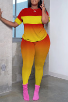 Red Yellow Casual Patchwork Contrast O Neck Short Sleeve Two Pieces