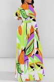 Black Casual Leaf Print Basic O Neck Long Dresses
