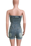 Blue Gray Sexy Solid Color Pocket Buckle Patchwork Zipper Strapless Sleeveless Skinny Denim Jumpsuits