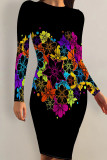 Multicolor Sexy Print Patchwork O Neck Wrapped Skirt Dresses