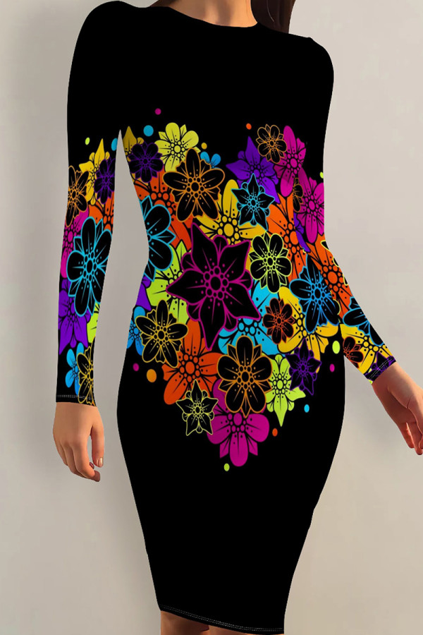Multi-color Sexy Print Patchwork O Neck Wrapped Skirt Dresses