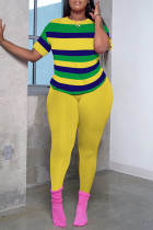 Yellow Casual Striped Print Patchwork Contrast O Neck Short Sleeve Two Pieces