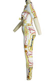 Rose Red Casual Print Buckle Patchwork Turndown Collar Half Sleeve Two Pieces