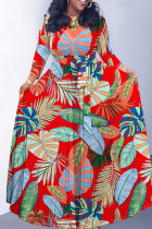 Red Casual Leaf Print Basic O Neck Long Dresses