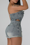 Blue Gray Sexy Solid Color Pocket Buckle Patchwork Zipper Strapless Sleeveless Skinny Denim Jumpsuits