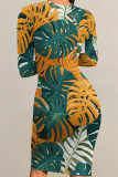 Multicolor Sexy Print Patchwork O Neck Wrapped Skirt Dresses