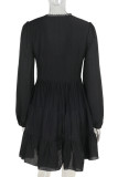 Black Celebrities Solid Color Patchwork Ruched Strap Design Deep V Neck A Line Dresses