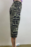 Camouflage Casual Camouflage Print Draw String Buttons Patchwork Zipper Mid Waist Straight Full Print Bottoms