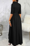 Blue Elegant Solid Color Buckle Patchwork Ruched Strap Design Turndown Collar A Line Dresses