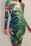 Multicolor Sexy Print Patchwork O Neck Wrapped Skirt Dresses