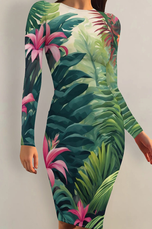 Green Sexy Print Patchwork O Neck Wrapped Skirt Dresses