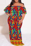 Rose Red Casual Print Patchwork Off Shoulder Long Plus Size Dresses