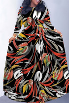 Black Casual Leaf Print Basic O Neck Long Dresses