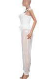 Black Sexy Solid Color Draw String Patchwork See-Through O Neck Sleeveless Two Pieces