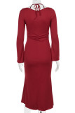 Red Sexy Solid Color Hollow Out Patchwork Strap Design Halter Long Dresses