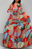 Black Casual Leaf Print Basic O Neck Long Dresses