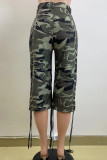 Camouflage Casual Camouflage Print Draw String Buttons Patchwork Zipper Mid Waist Straight Full Print Bottoms