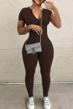 Grey Casual Solid Color Patchwork Zipper Zipper Collar Skinny Jumpsuits