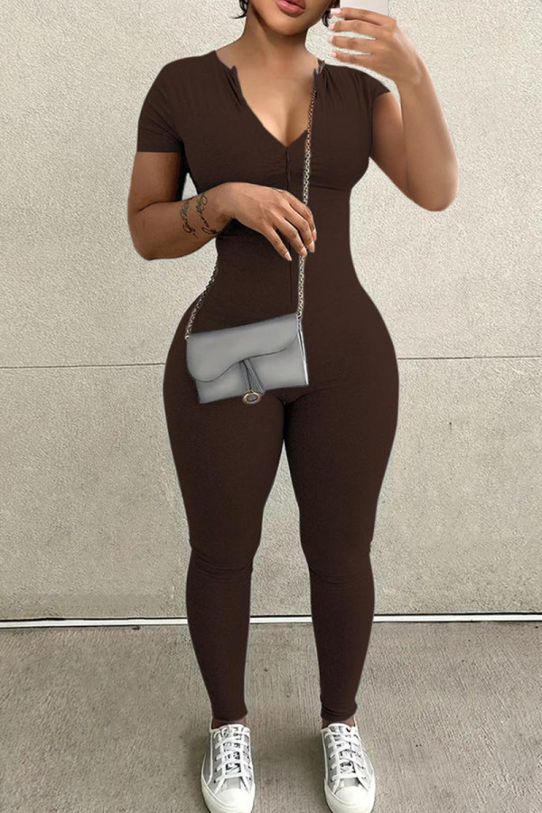 Brown Casual Solid Color Patchwork Zipper Zipper Collar Skinny Jumpsuits