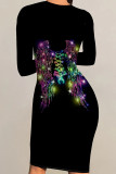 Multicolor Sexy Print Patchwork O Neck Wrapped Skirt Dresses