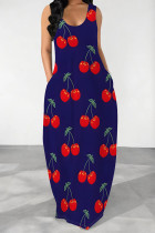 Tibetan Blue Casual Fruit Print Pocket U Neck Printed Dresses