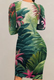 Multicolor Sexy Print Patchwork O Neck Wrapped Skirt Dresses