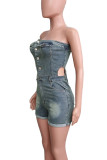 Blue Gray Sexy Solid Color Pocket Buckle Patchwork Zipper Strapless Sleeveless Skinny Denim Jumpsuits