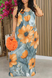 Blue Elegant Print Patchwork U Neck Long Dresses