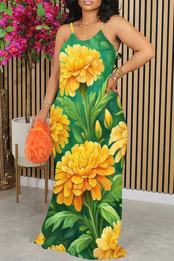 Green Yellow Elegant Print Patchwork U Neck Long Dresses