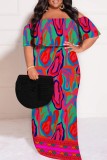 Rose Red Casual Print Patchwork Off Shoulder Long Plus Size Dresses