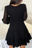 Black Celebrities Solid Color Patchwork Ruched Strap Design Deep V Neck A Line Dresses