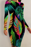 Multicolor Sexy Print Patchwork O Neck Wrapped Skirt Dresses