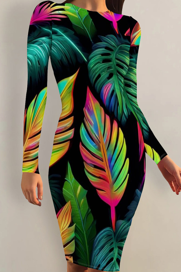 Black Green Sexy Print Patchwork O Neck Wrapped Skirt Dresses