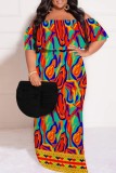Rose Red Casual Print Patchwork Off Shoulder Long Plus Size Dresses