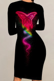 Multicolor Sexy Print Patchwork O Neck Wrapped Skirt Dresses