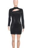 Black Sexy Solid Color Hollow Out Sequins Patchwork O Neck Wrapped Skirt Dresses