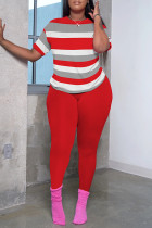 Red Casual Striped Print Patchwork Contrast O Neck Short Sleeve Two Pieces
