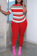 Red Casual Striped Print Patchwork Contrast O Neck Short Sleeve Two Pieces