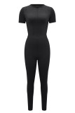 Grey Casual Solid Color Patchwork Zipper Zipper Collar Skinny Jumpsuits