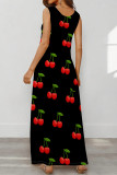 Tibetan Blue Casual Fruit Print Pocket U Neck Printed Dresses