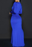 Blue Elegant Solid Color Patchwork Ruched Deep V Neck Long Dresses